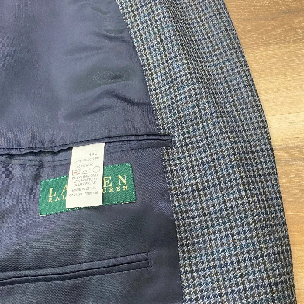 Lauren Ralph Lauren Sport Coat 44L Houndstooth 100% Wool Two Button Blue Blazer